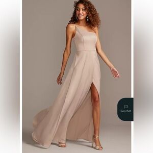 David's Bridal One-Shoulder dress in biscotti